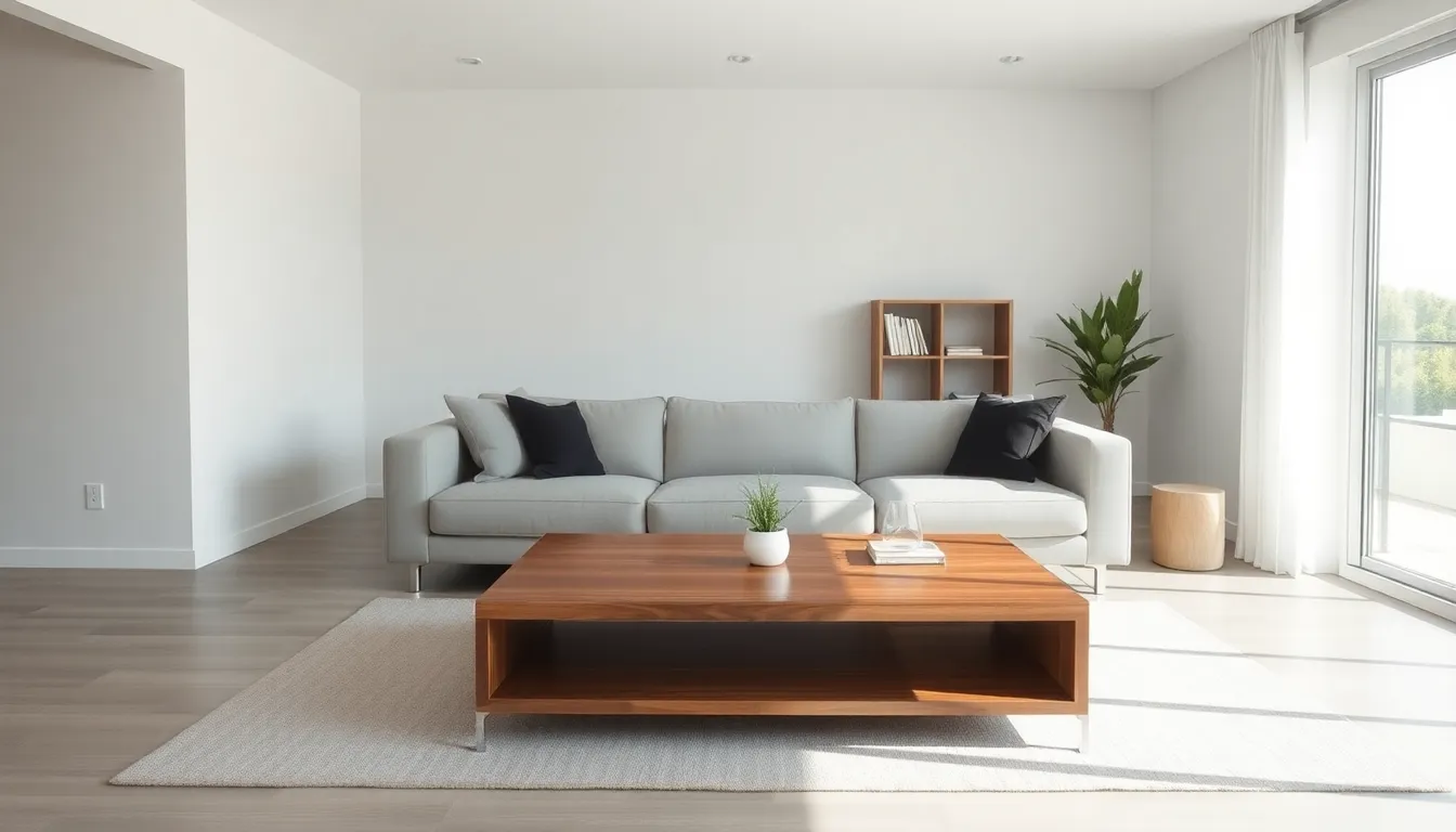 A serene grey minimalist living room with clean lines and calming decor.