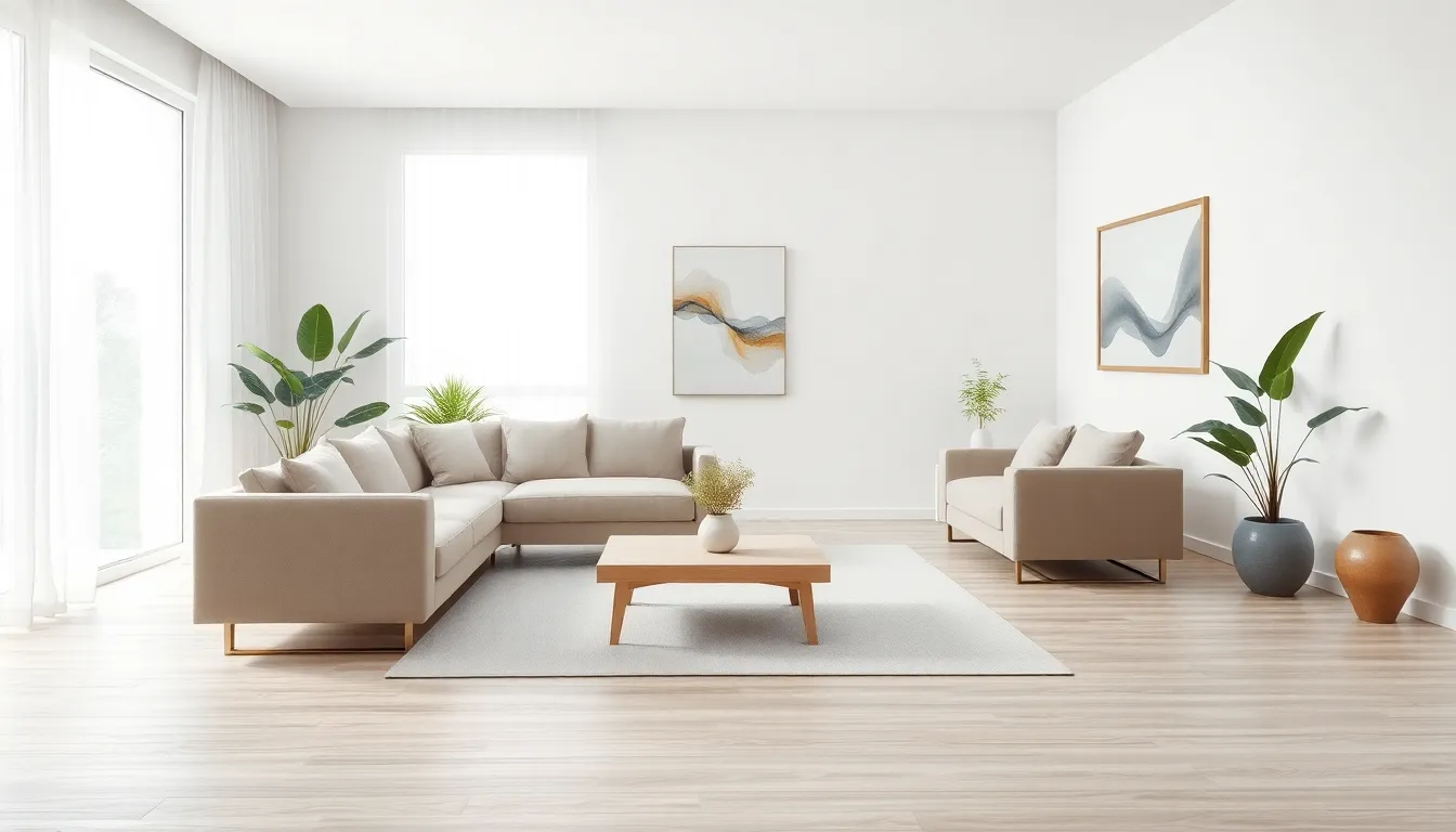 modern minimalist living room design with natural light and neutral tones.