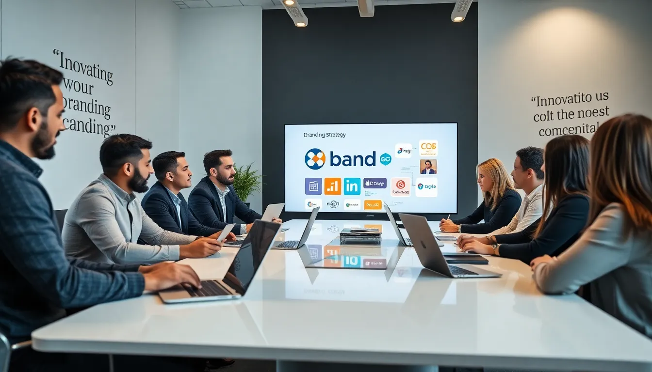diverse team collaborating on branding strategies in a modern office.